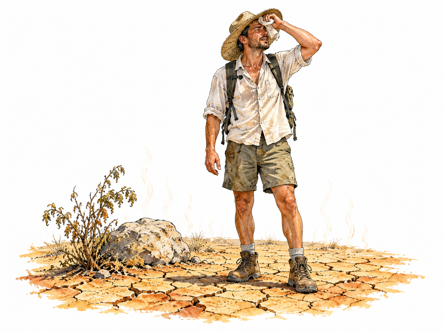 Hiker wipes sweat in parched intensely hot landscape.