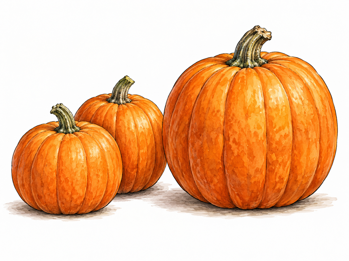 One notably large pumpkin stands beside two ordinary pumpkins.