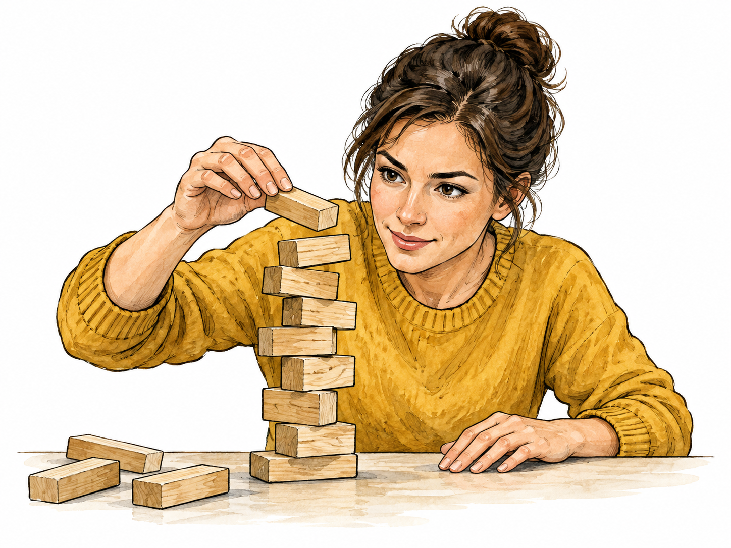 Adult carefully attempts to balance another wooden block.
