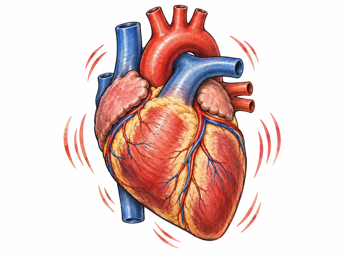 Palpitate: simple educational illustration of an anatomical heart viewed externally, with short rhythmic motion strokes showing strong beating.