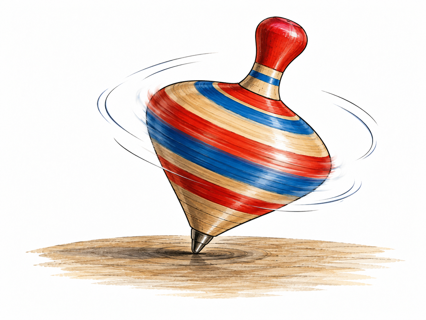 Wooden top spins rapidly on its tip.