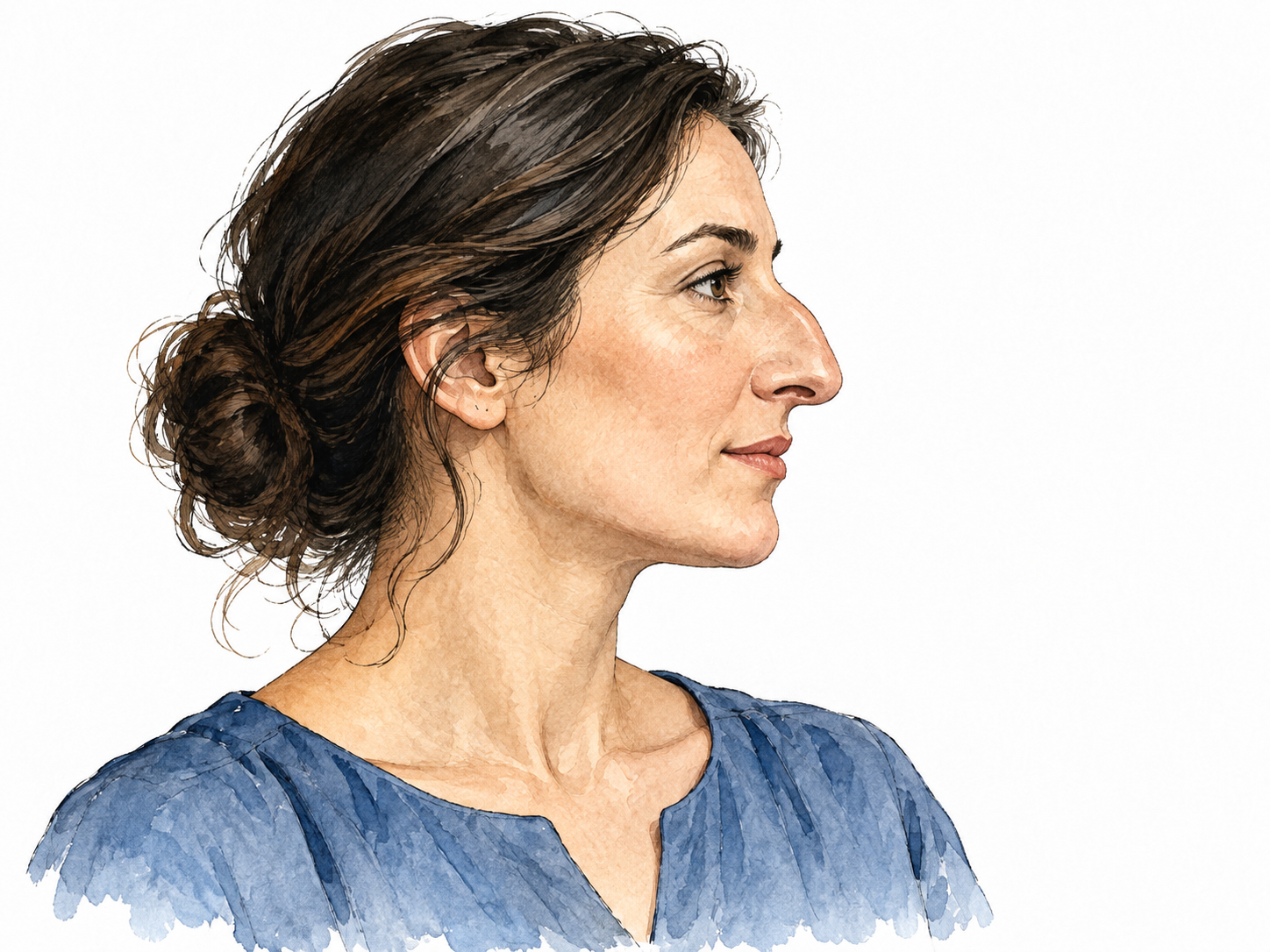Respectful profile showing a convex curved nose.