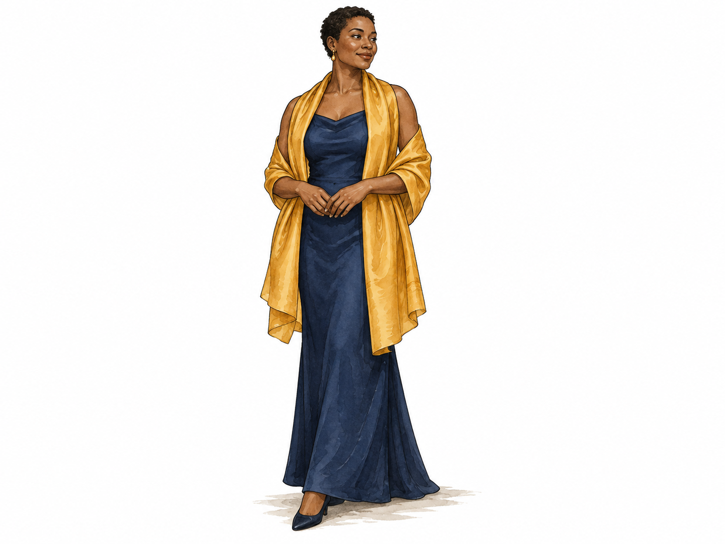 Ochre stole worn over navy dress.