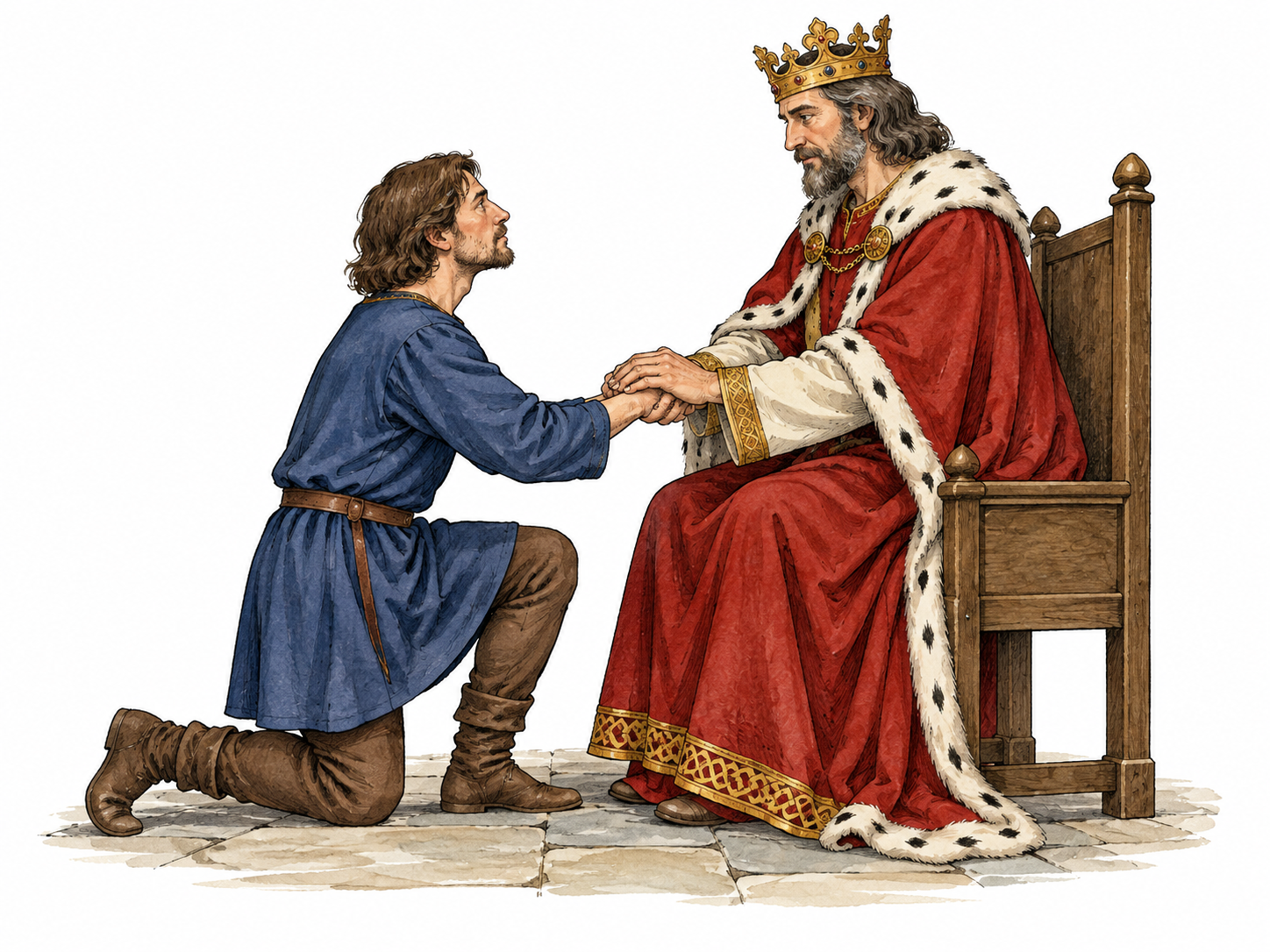 Kneeling retainer pledges allegiance with joined hands before a ruler.