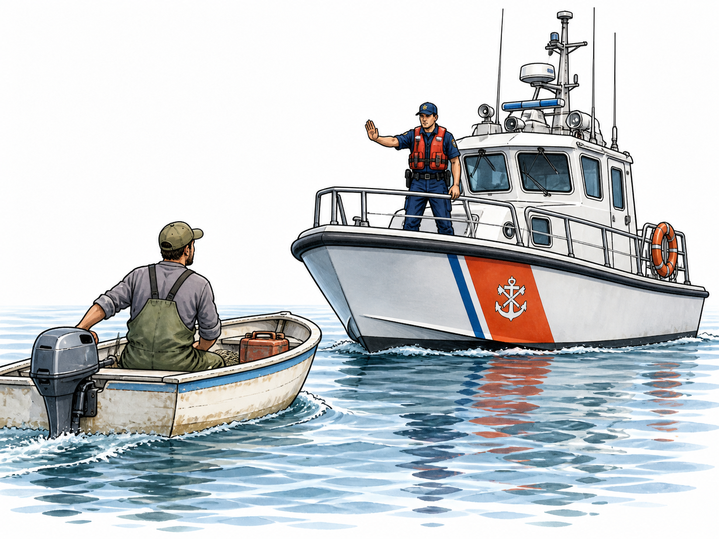 Interdiction: coastguard patrol boat positioned across a small boat's path with officer making clear halt gesture; calm water, nonviolent official stopping of movement.