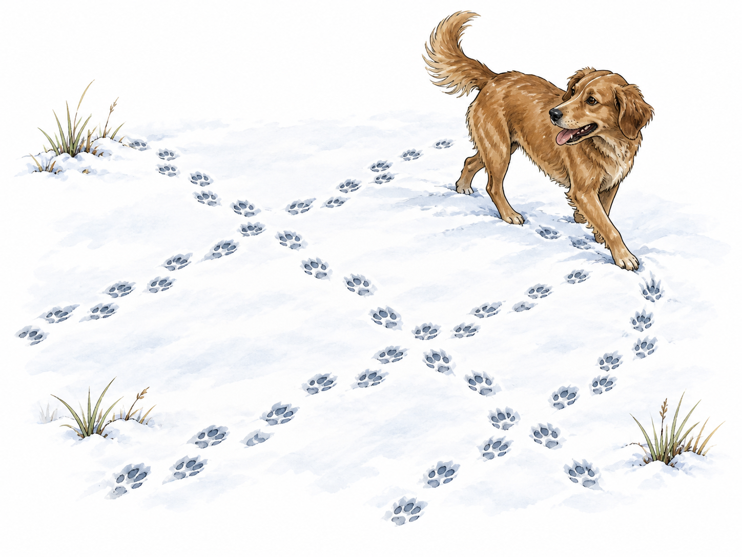 Dog moves through intersecting pawprint trails in snow.