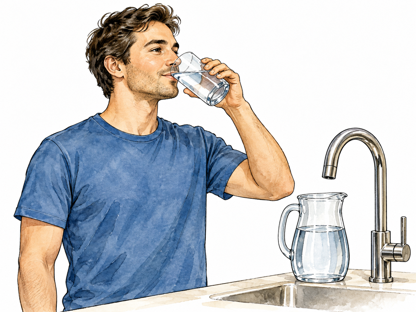 Adult drinks clean water beside household tap and water pitcher.