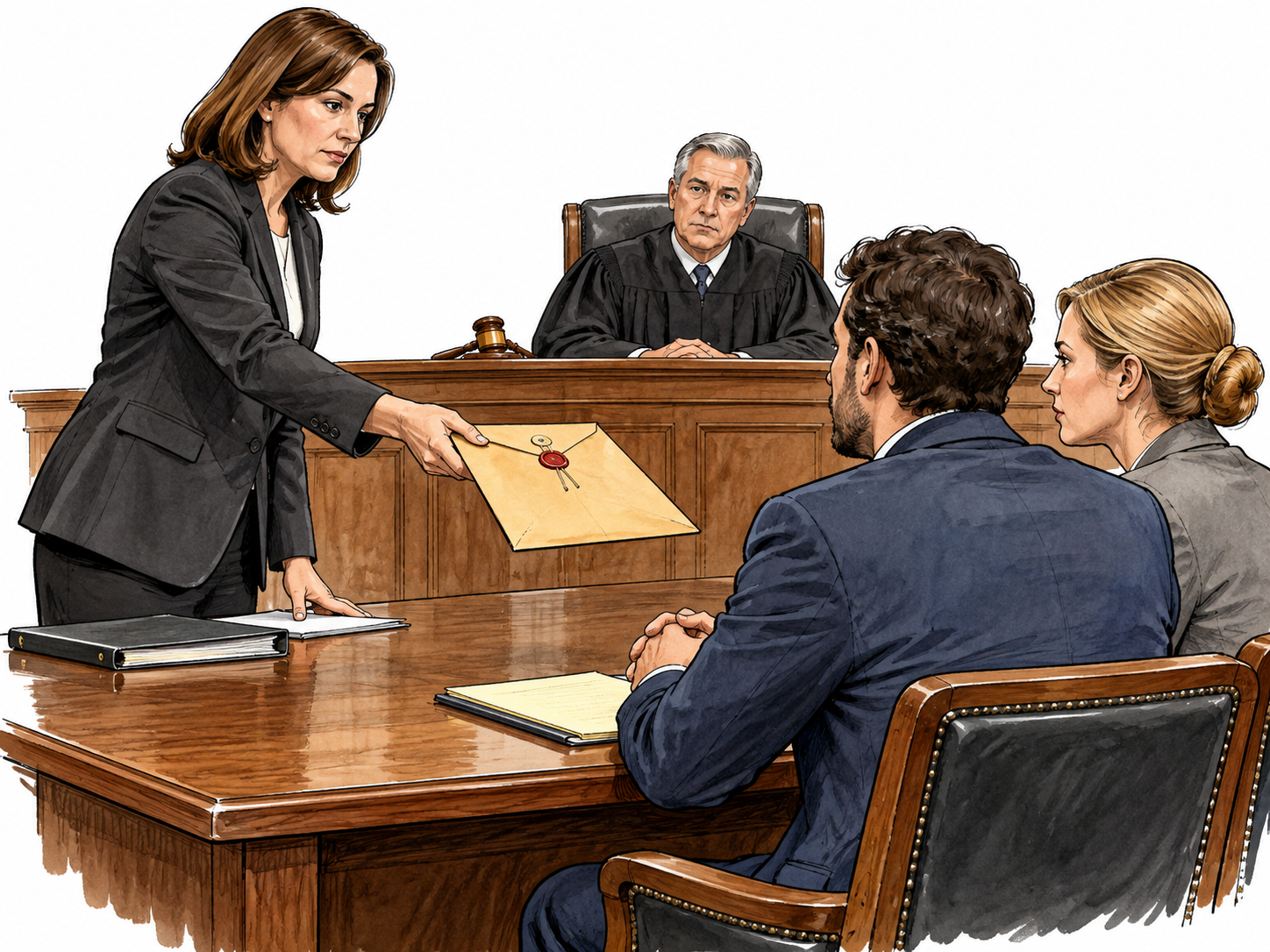 Indict: prosecutor formally presents a sealed charging document across a courtroom desk to a defendant and their lawyer.