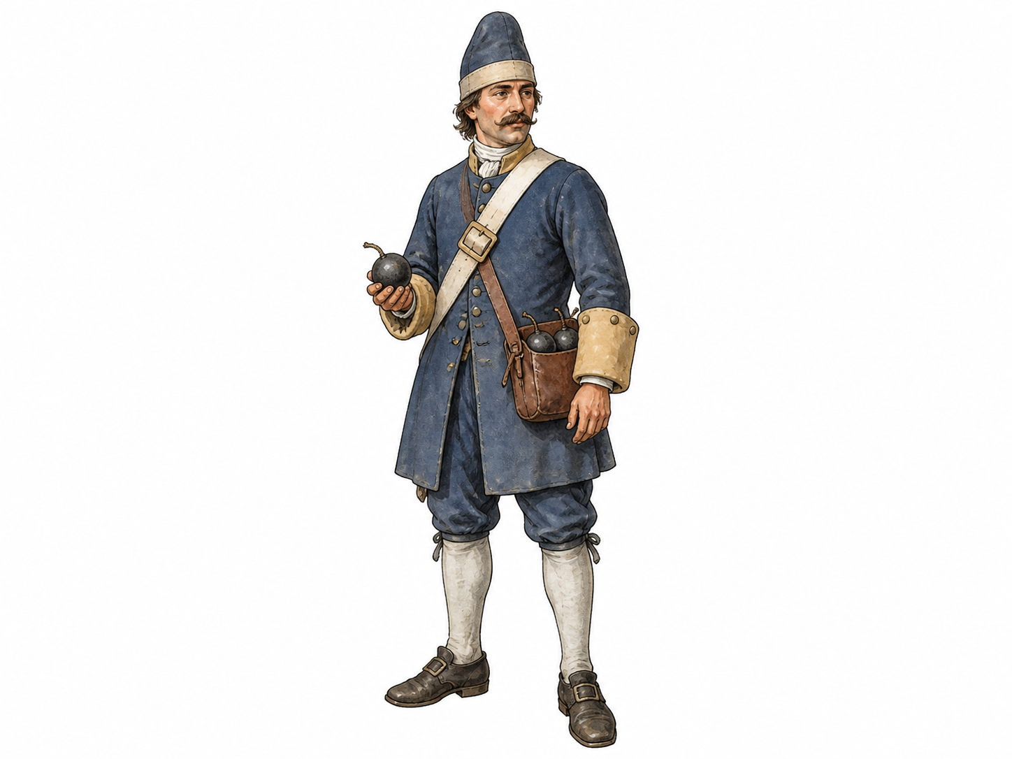 Historical grenadier holds unlit period grenade.