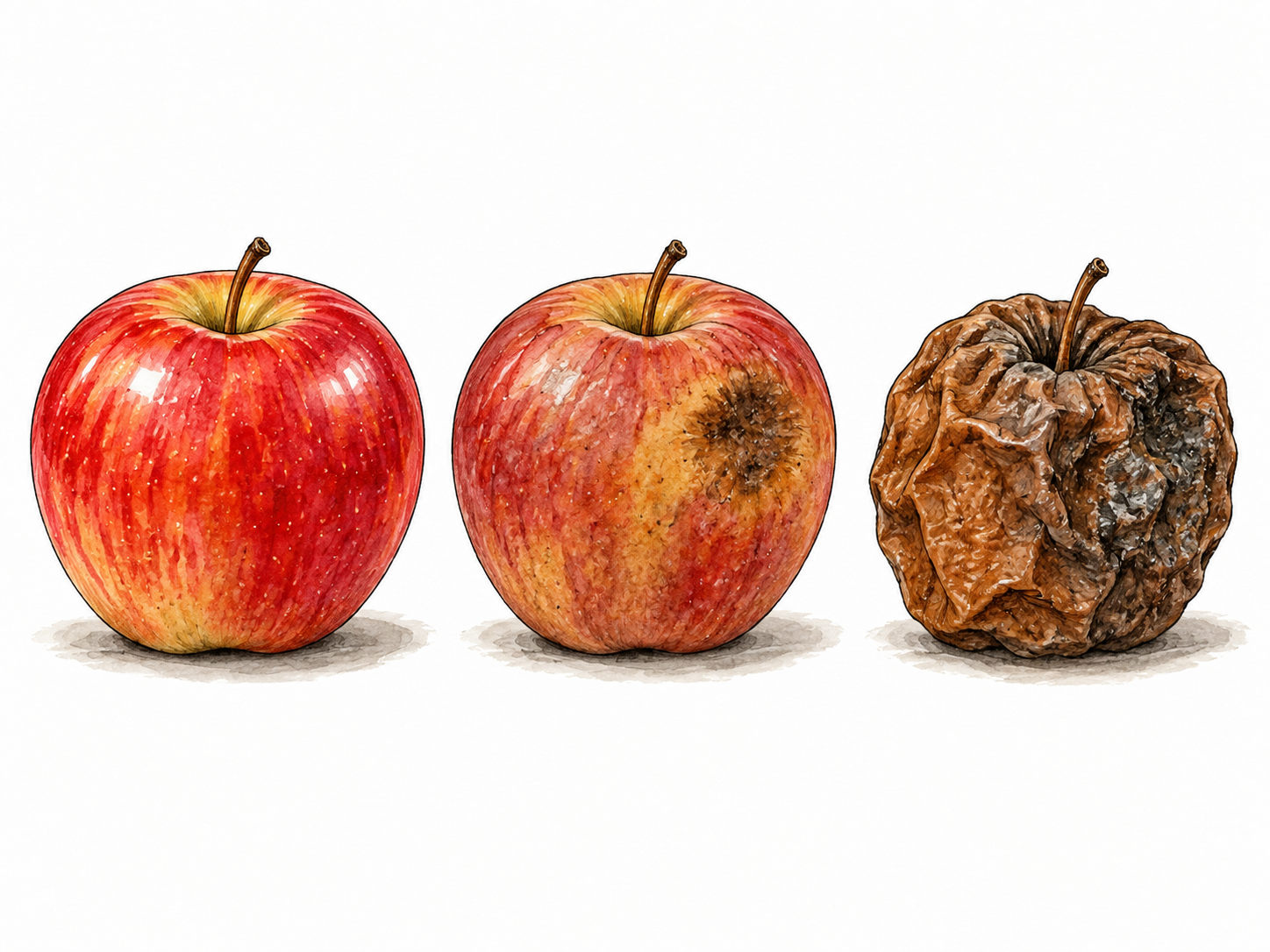 Apples progress from fresh to bruised to rotten.