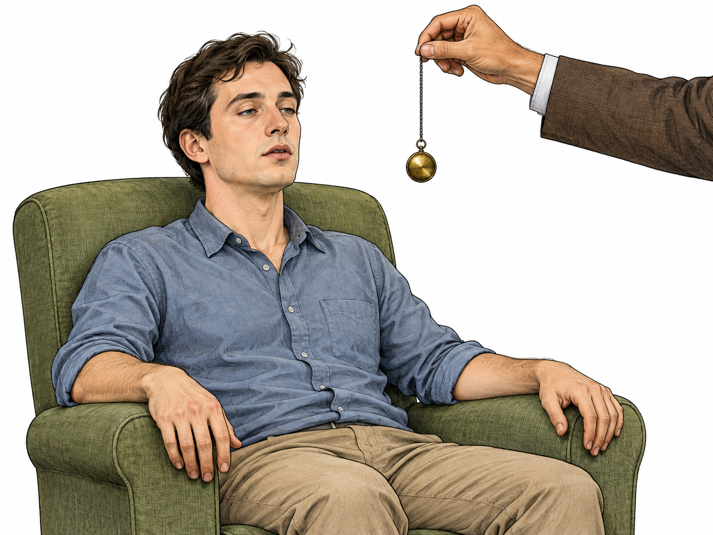 Man sits absorbed in hypnotic pendulum focus with reduced awareness.