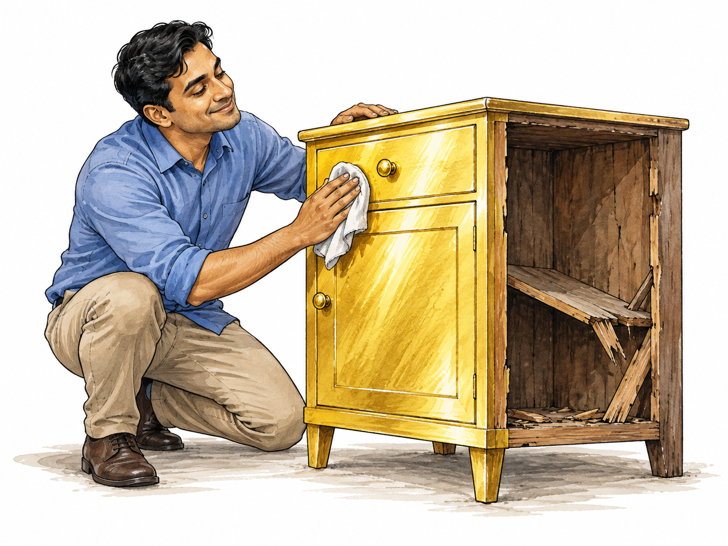 Man polishes gold cabinet exterior while ignoring broken interior.