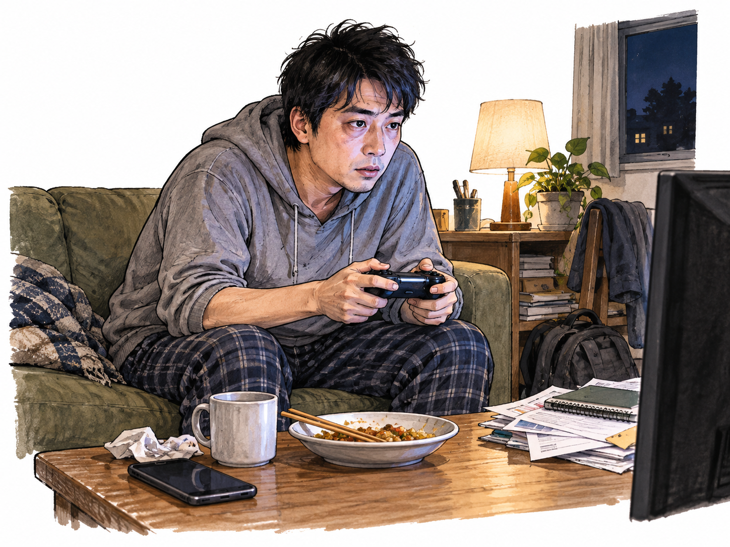 Man compulsively absorbed in gaming, neglecting a meal and tasks.