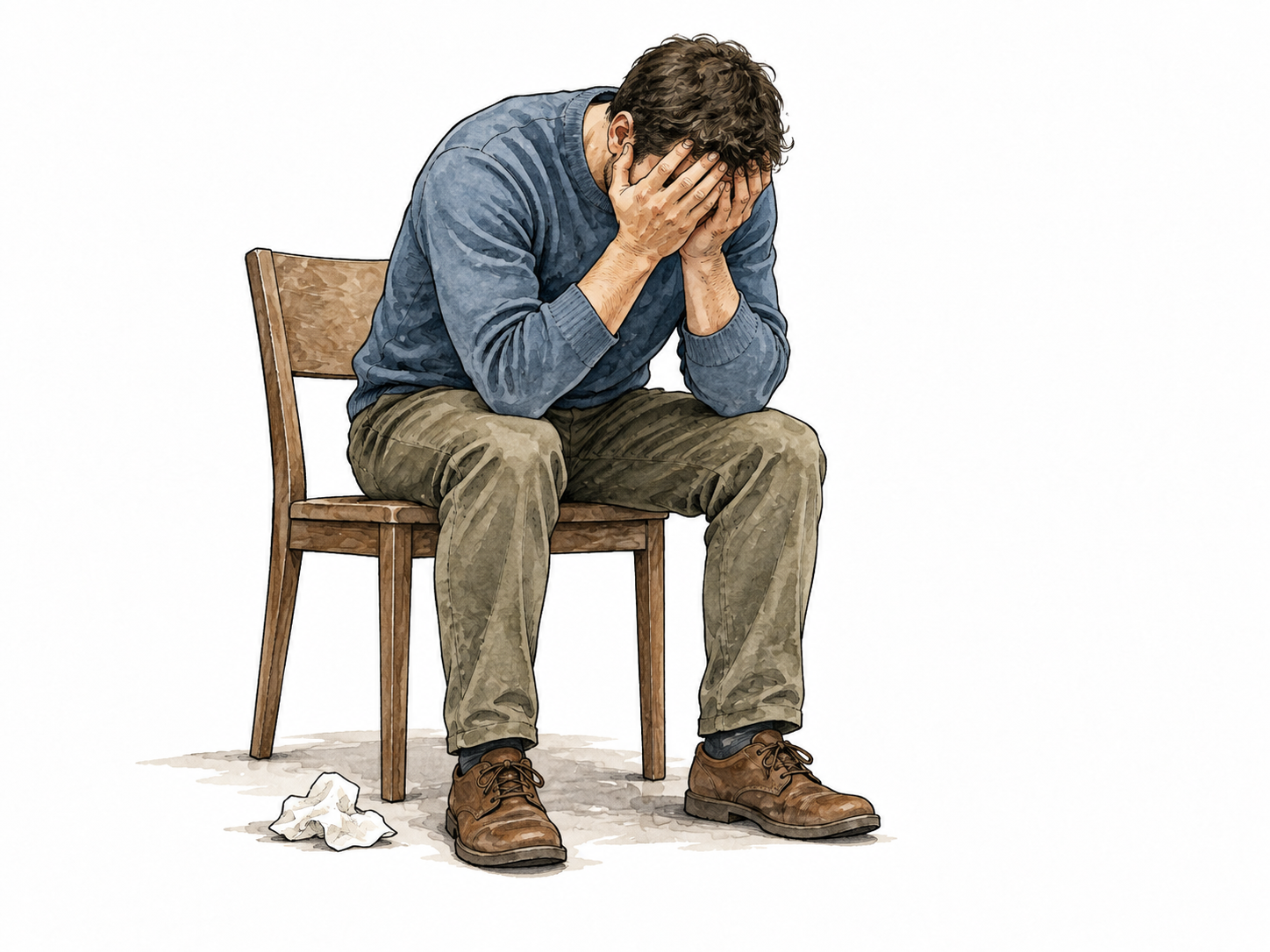 Distressed person sits with face buried in hands.