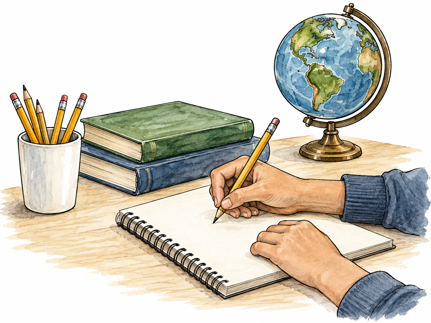Student works at desk with textbooks and globe.