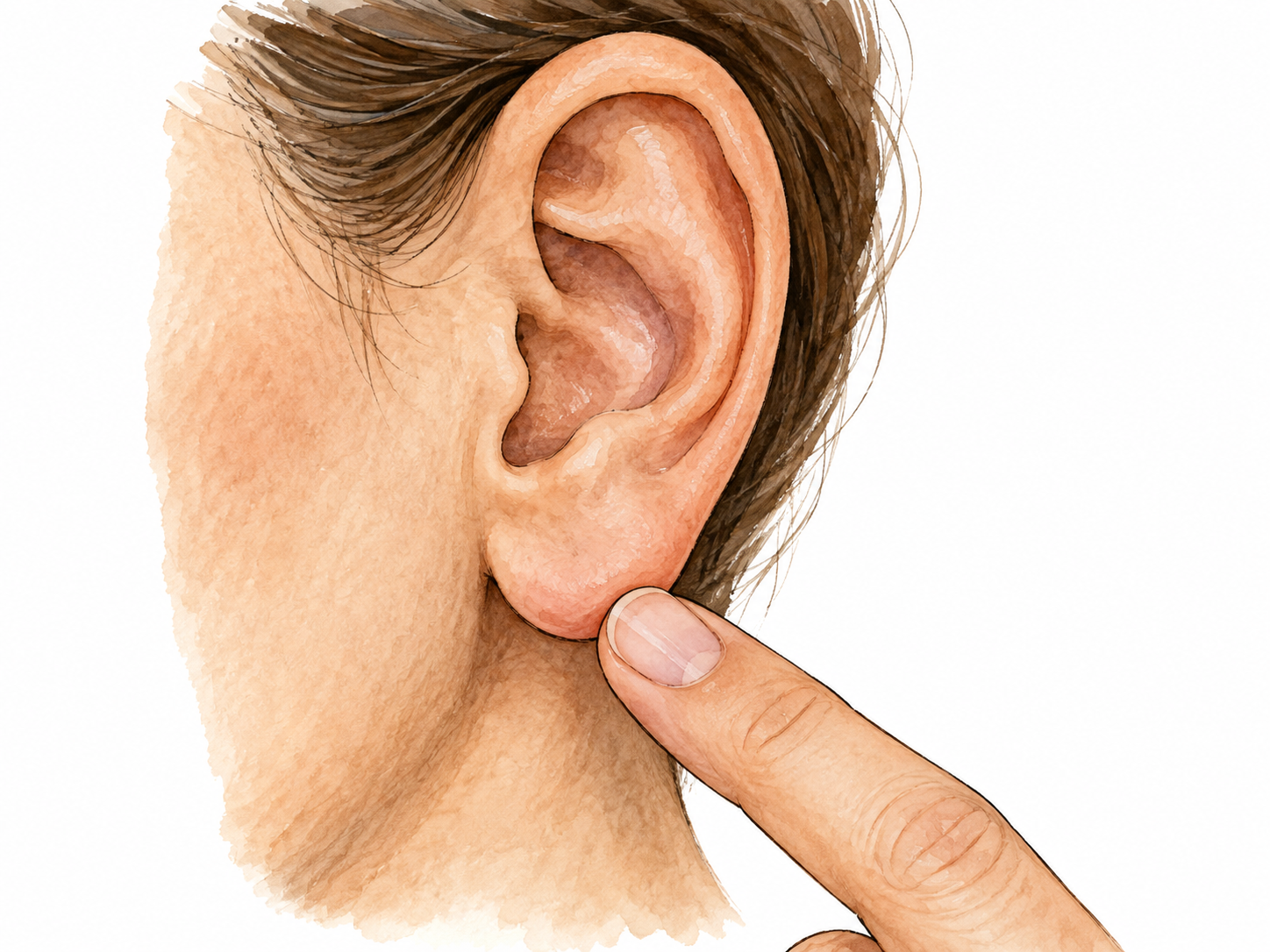 Adult ear with fingertip indicating its rounded soft earlobe.