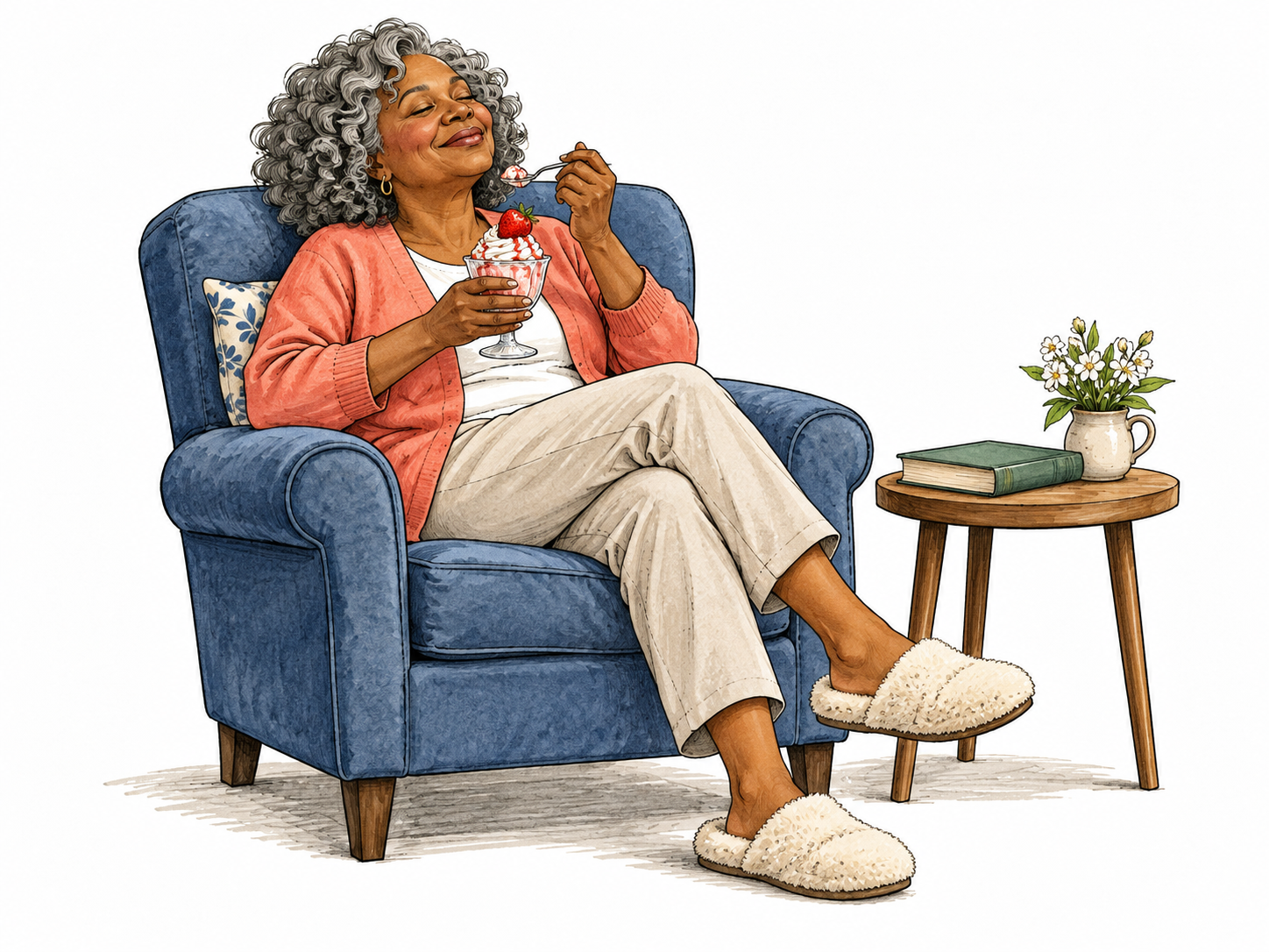 Woman sets aside a comfortable moment to enjoy a special sundae.