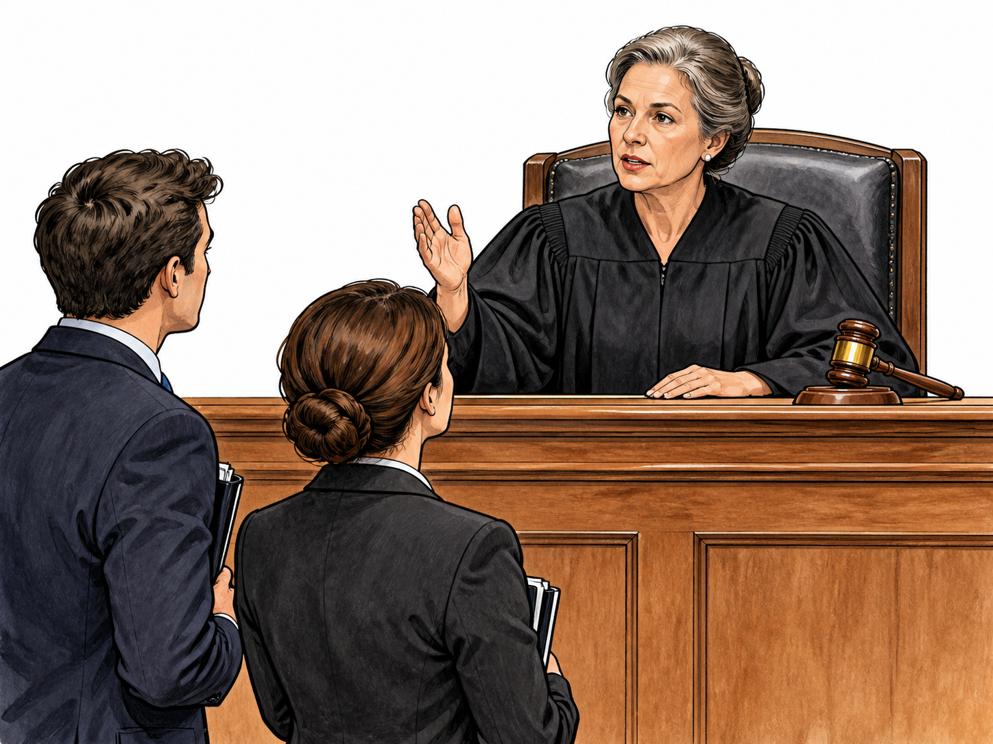 Dictum: experienced female judge makes a clear authoritative pronouncement to attentive younger legal professionals, one measured hand gesture and formal setting, no writing.