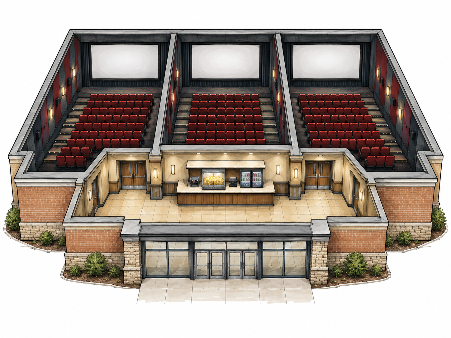 One cinema building with three separate screen auditoriums and shared lobby.