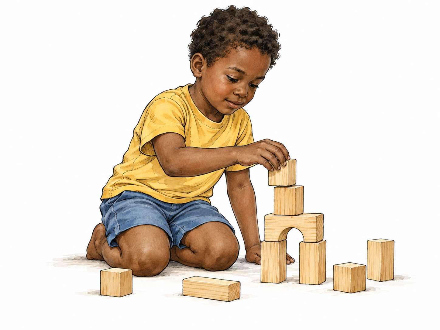 Child builds a wooden block tower.