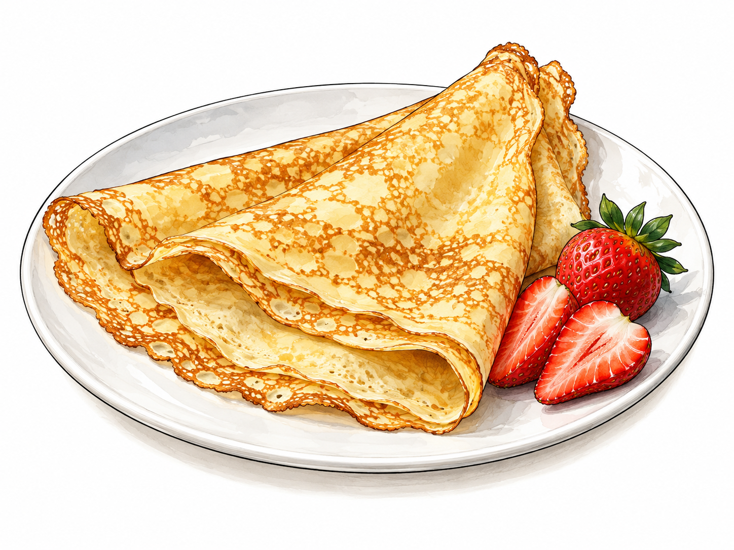 Crepe: very thin golden pancake folded loosely on a white plate, delicate browned lacy edges and soft folds, a few strawberries beside it.