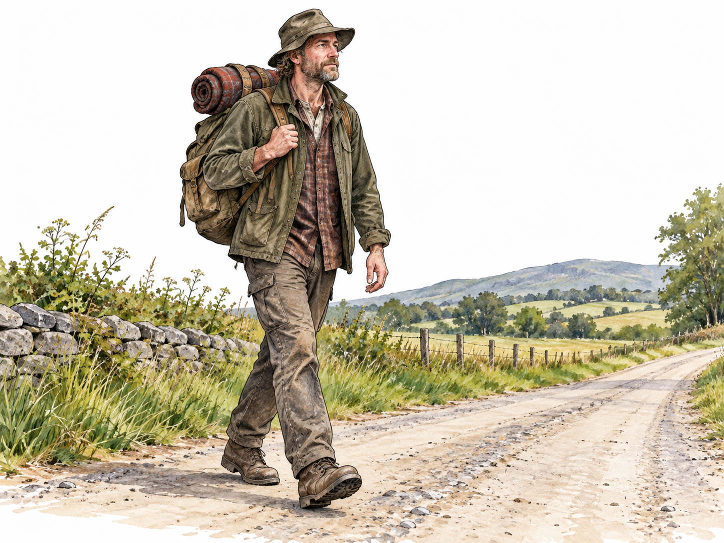 Traveler carrying belongings along a rural road.