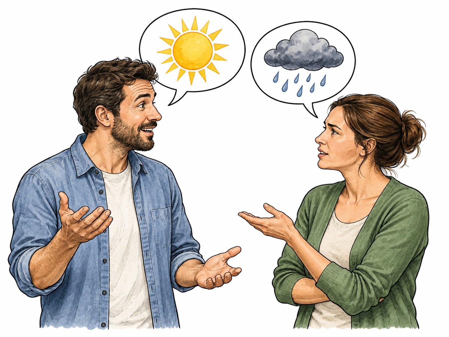 Contradict: adult man and woman debating the same weather, man speaks pictorial bubble showing sun, woman responds with pictorial bubble showing raincloud.