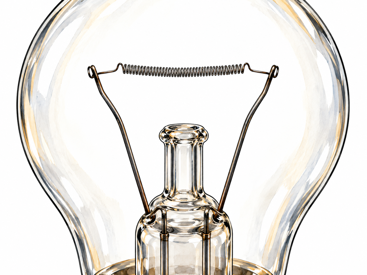 Filament: macro view inside a clear incandescent bulb, extremely fine tungsten coil stretched between two support wires, delicate threadlike structure in sharp focus.