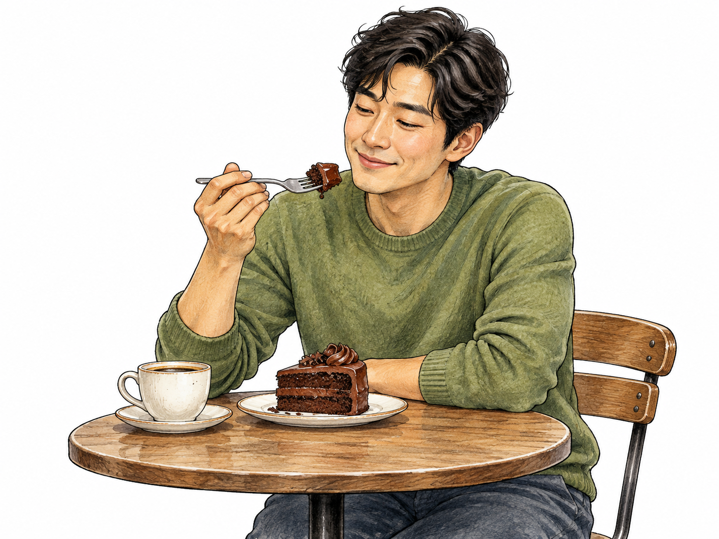Man allows himself an enjoyed chocolate cake treat.
