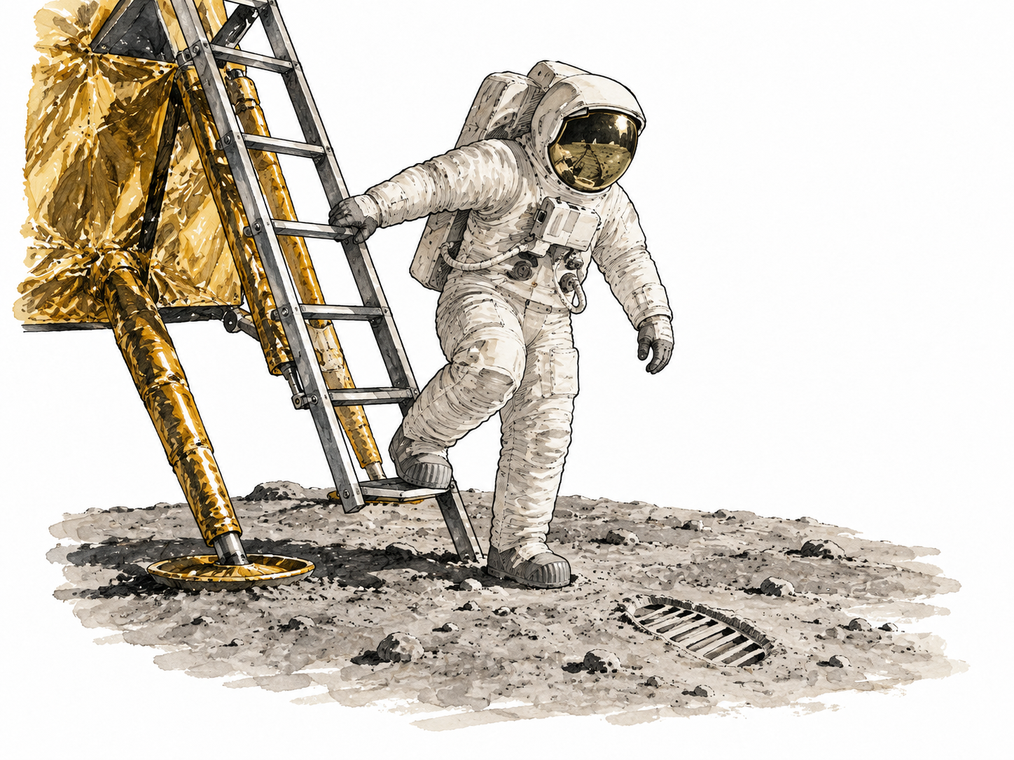 Apollo-era astronaut steps onto lunar surface.