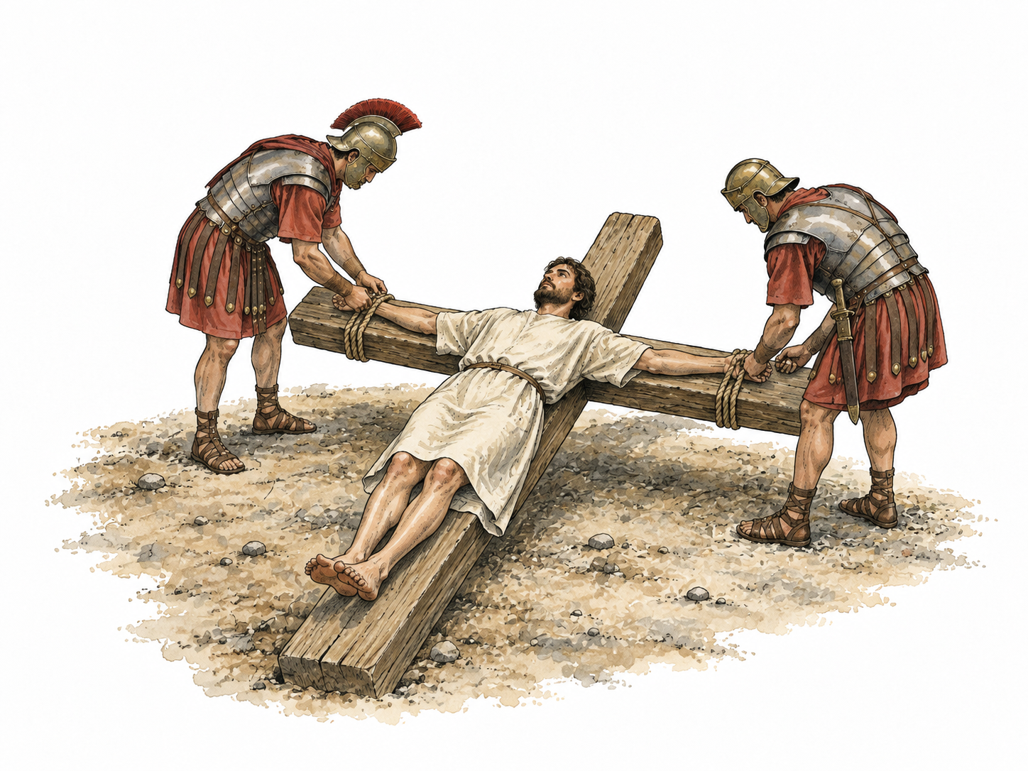 Historical guards fasten clothed adult to cross.