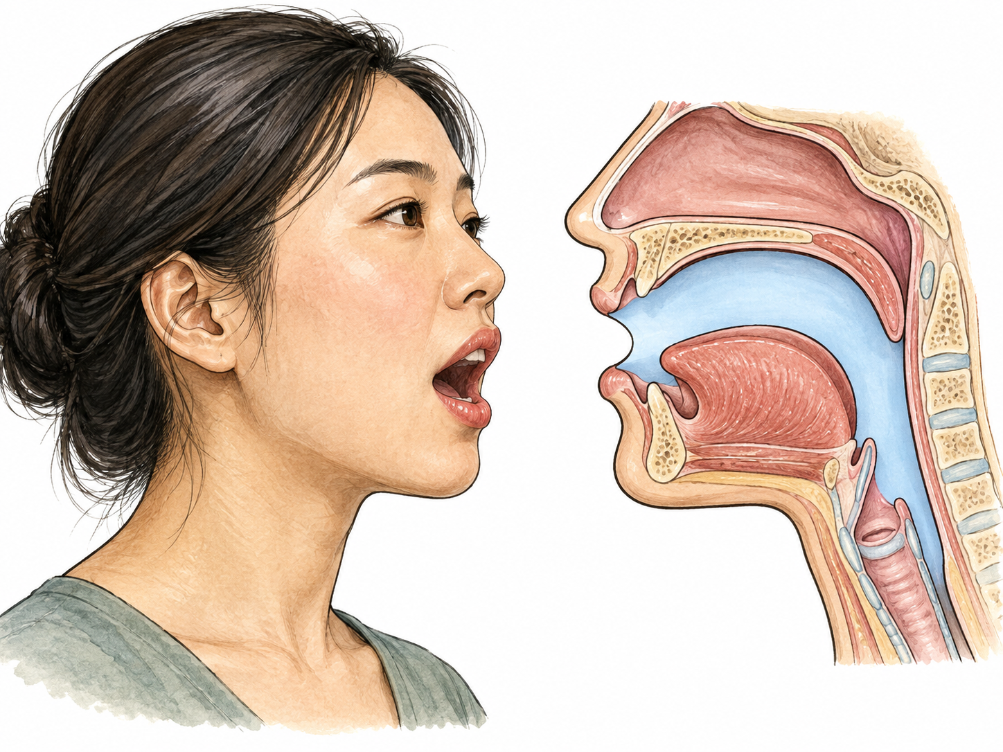 Open vowel production with schematic unobstructed oral passage.