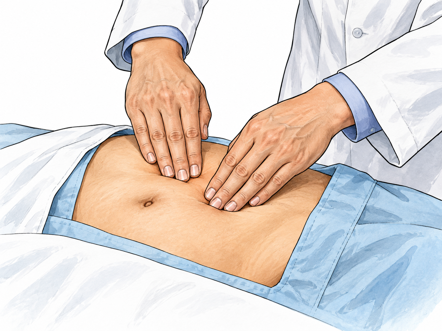Palpation: clinician gently examines patient's abdomen by pressing with flat fingertips through a modest examination opening, patient otherwise draped; close view on clinician's two hands and abdomen, nonsexual clinical illustration.