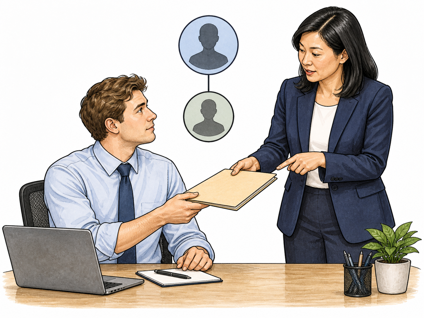 Employee receives task under manager authority; simple rank relation reinforces adjective.