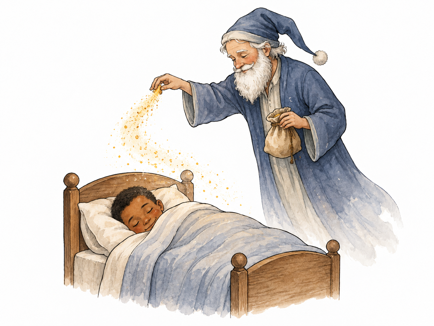 Imaginary Sandman scatters dream sand above sleeping child.