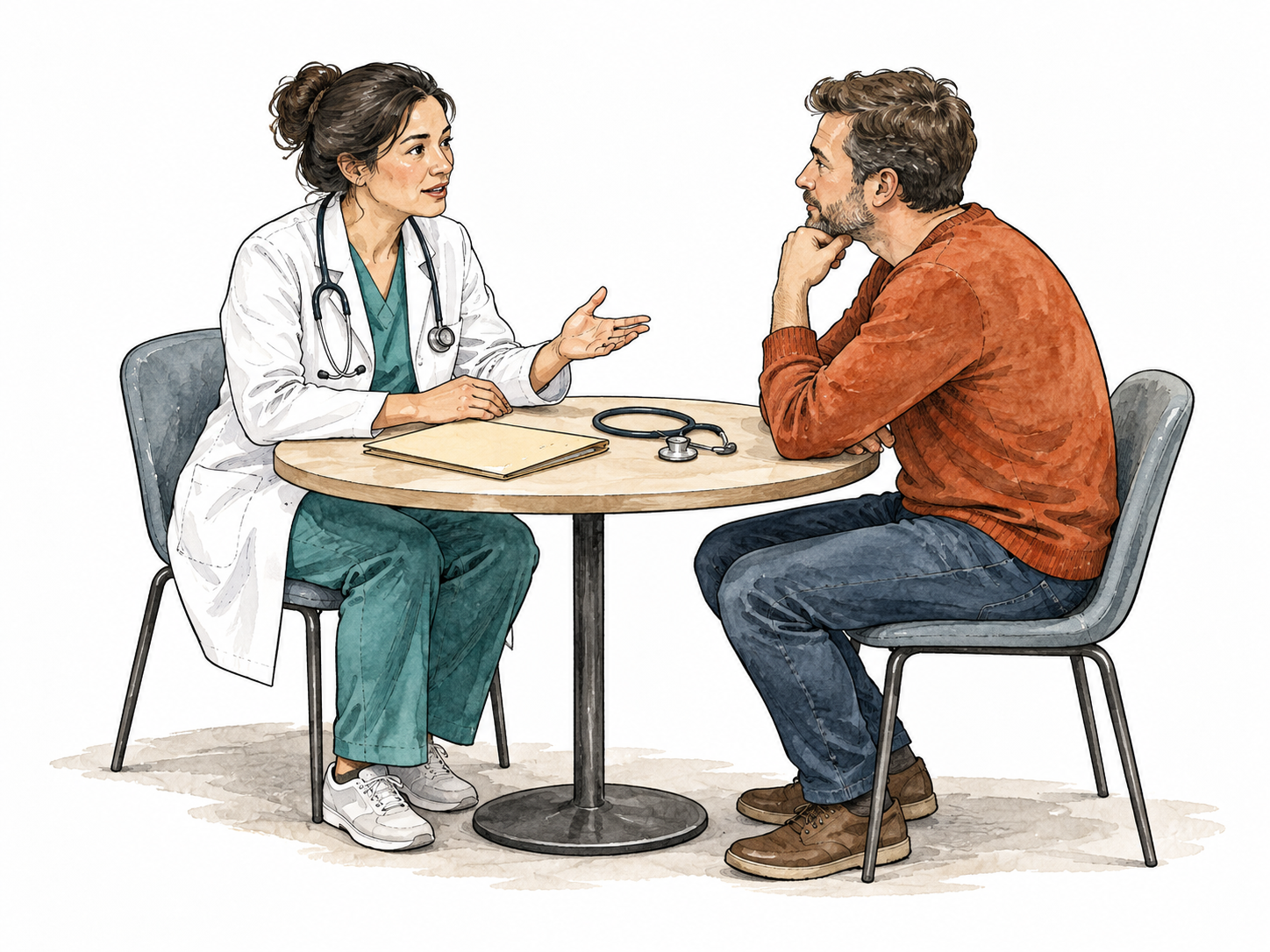 Doctor and patient meet to discuss care at a small desk.