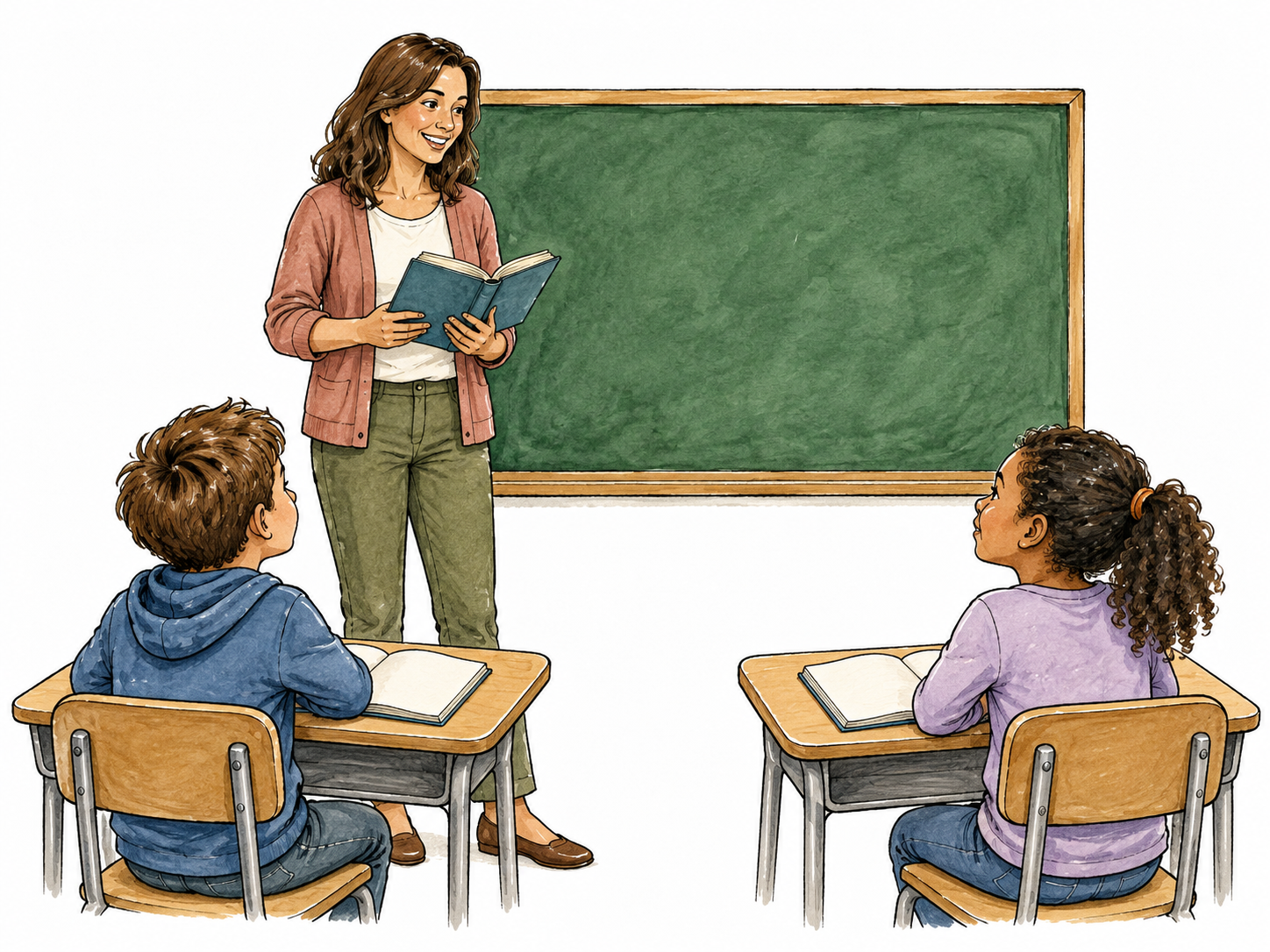 Teacher instructs two attentive students in classroom.