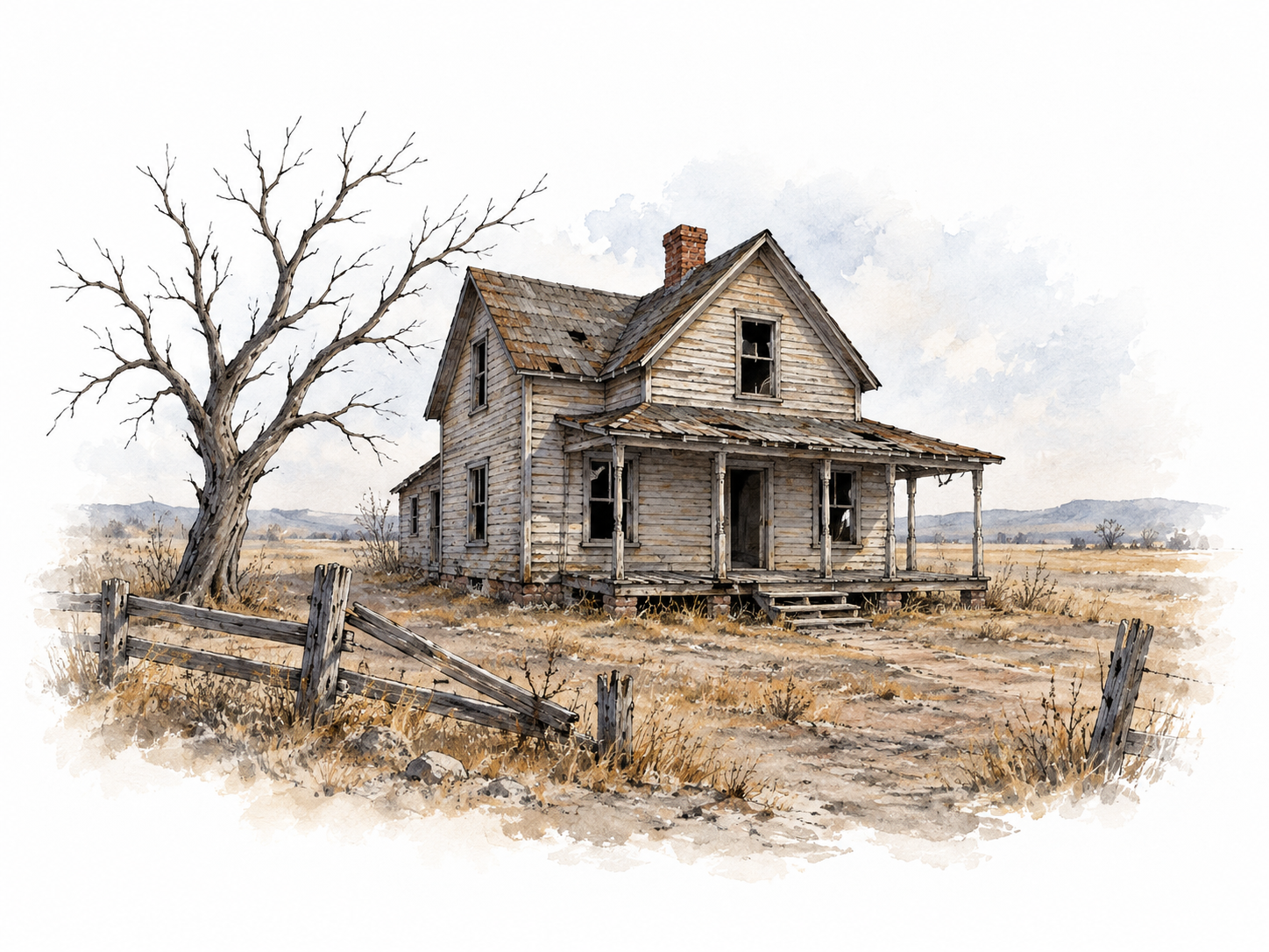 Abandoned farmhouse in a bleak empty landscape.