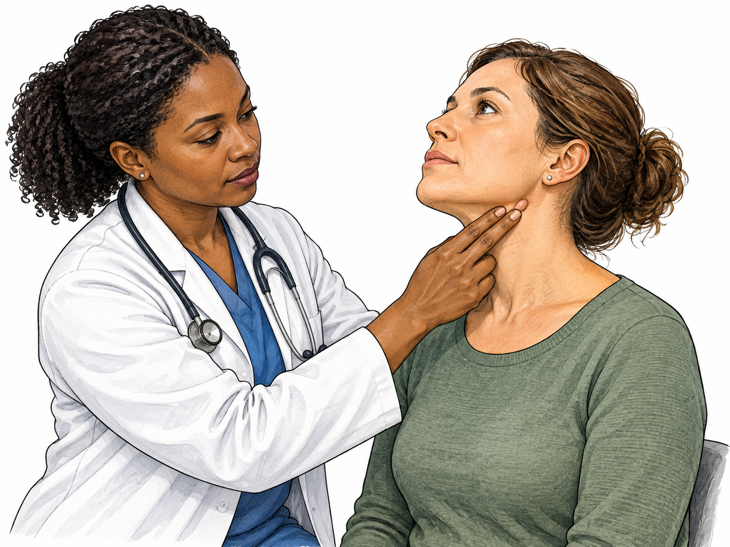Palpate: Black female clinician gently feels the side of an adult patient's neck for lymph nodes using two fingertips, professional clinic, patient seated fully clothed.