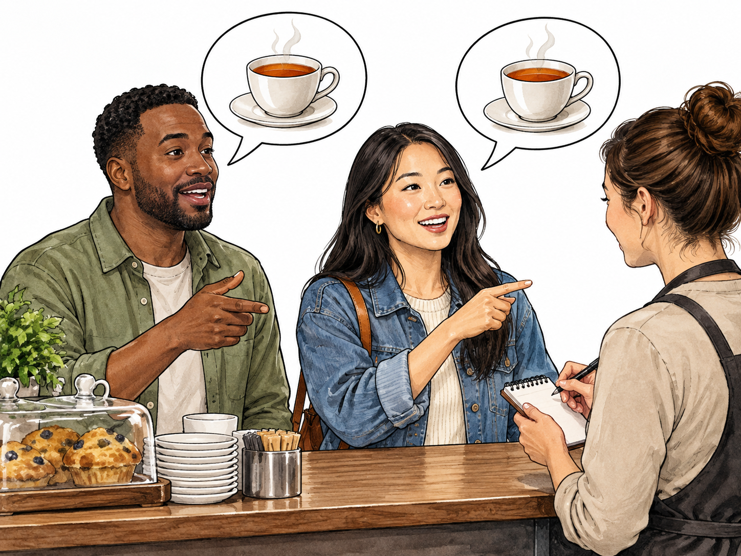 Ditto, the same as what was just said: two adults at a cafe each ordering the same cup of tea: Black man speaking with pictorial speech bubble showing one teacup; East Asian woman beside him also gestures with a second pictorial speech bubble showing exactly the same teacup.