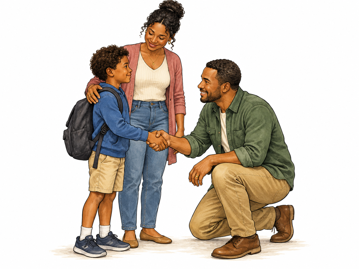 Stepchild: warm blended family scene, brown-skinned mother introduces her school-age child to her new husband; husband kneels kindly to greet child, mother standing with hand on child's shoulder.