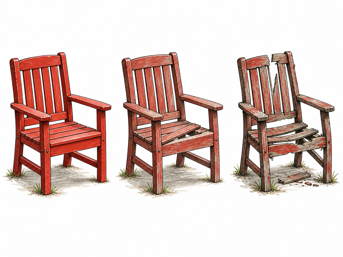 Same red garden chair in three increasingly deteriorated conditions.