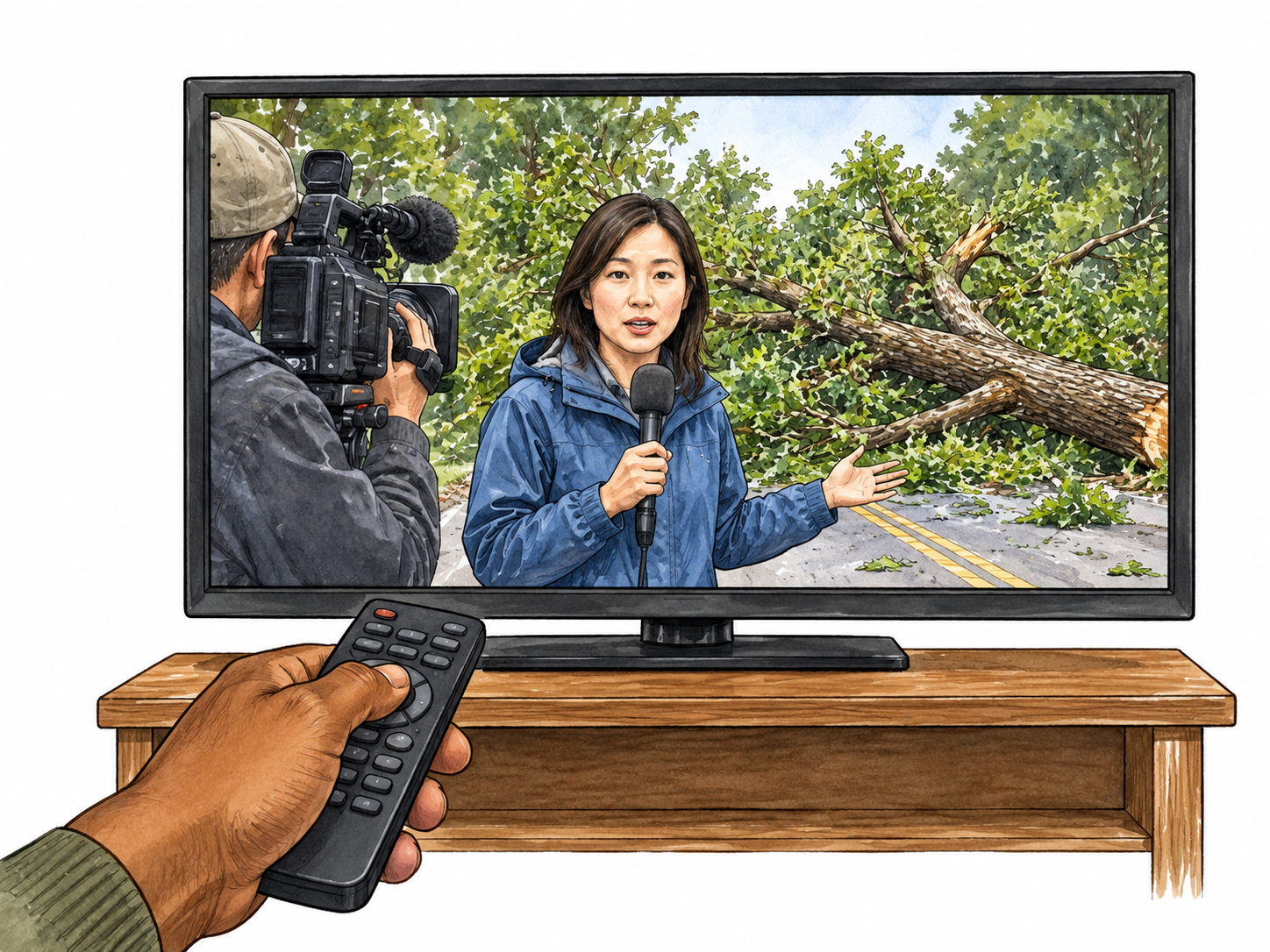 Televised reporter delivers information about a recent fallen-tree road blockage.