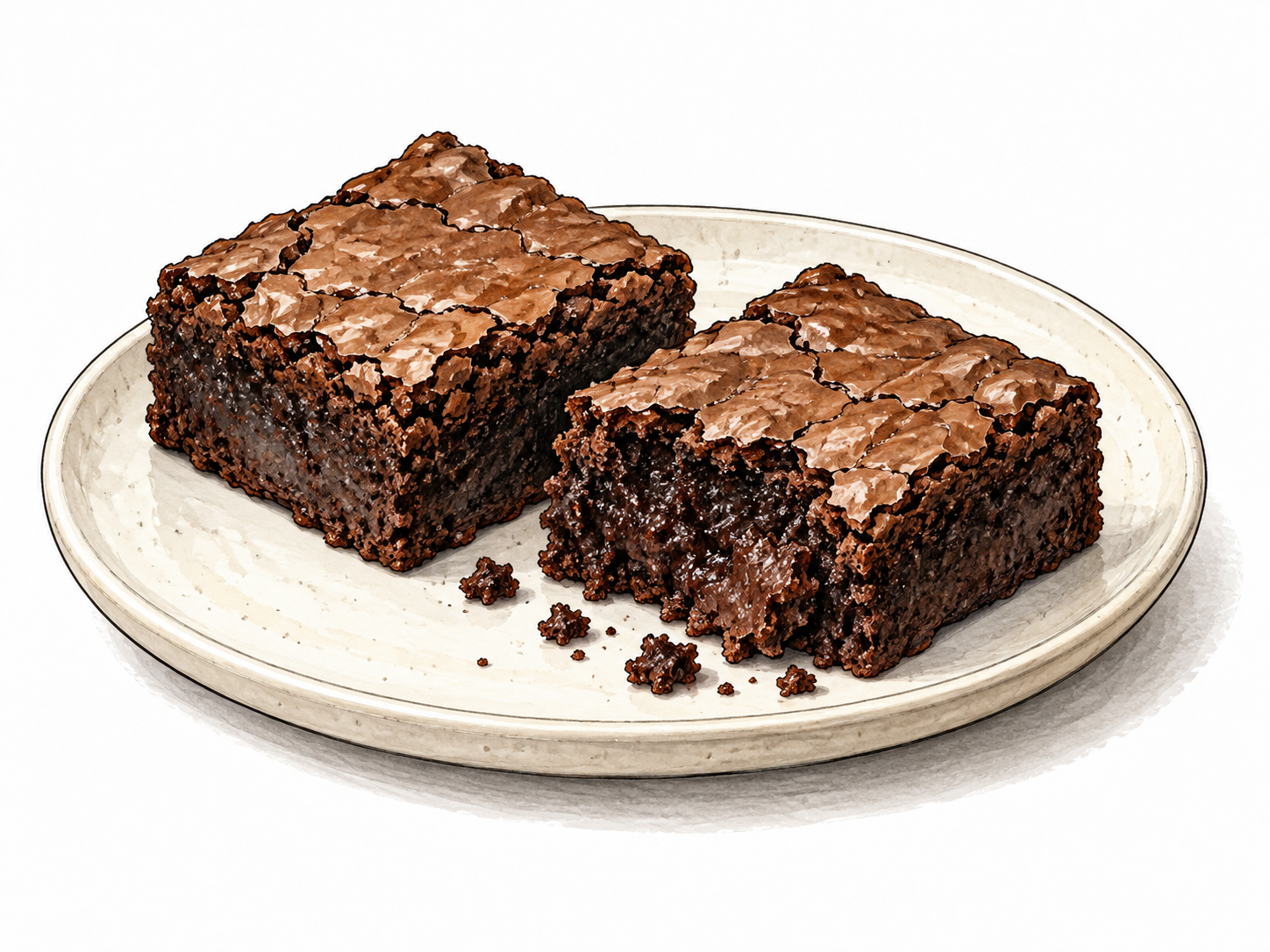 Dense square chocolate brownies with crackled tops and exposed interior.