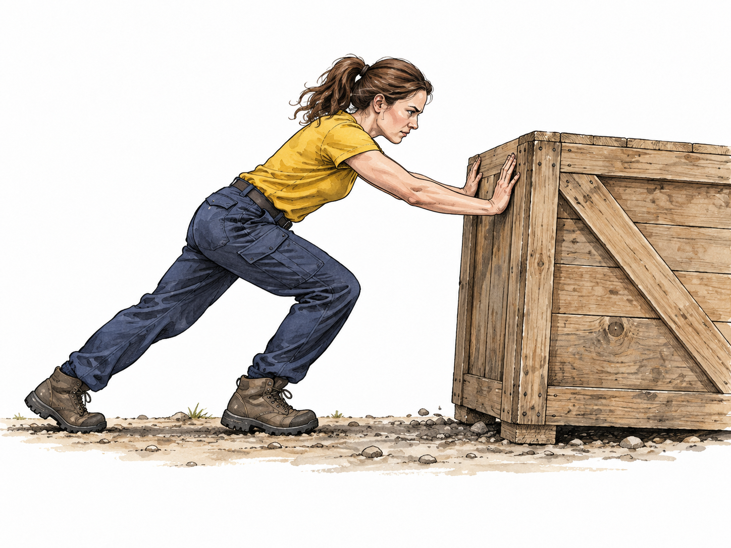 Adult braces feet and pushes a heavy wooden crate with both hands.