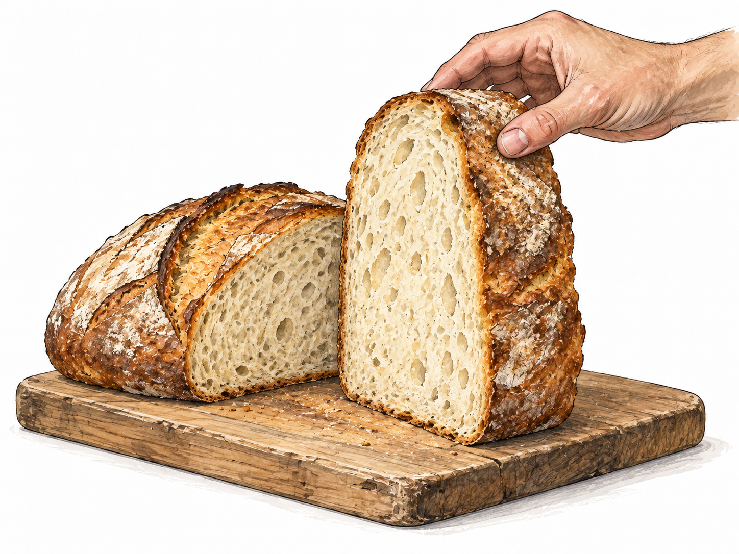 Very thick bread slice held upright beside loaf.