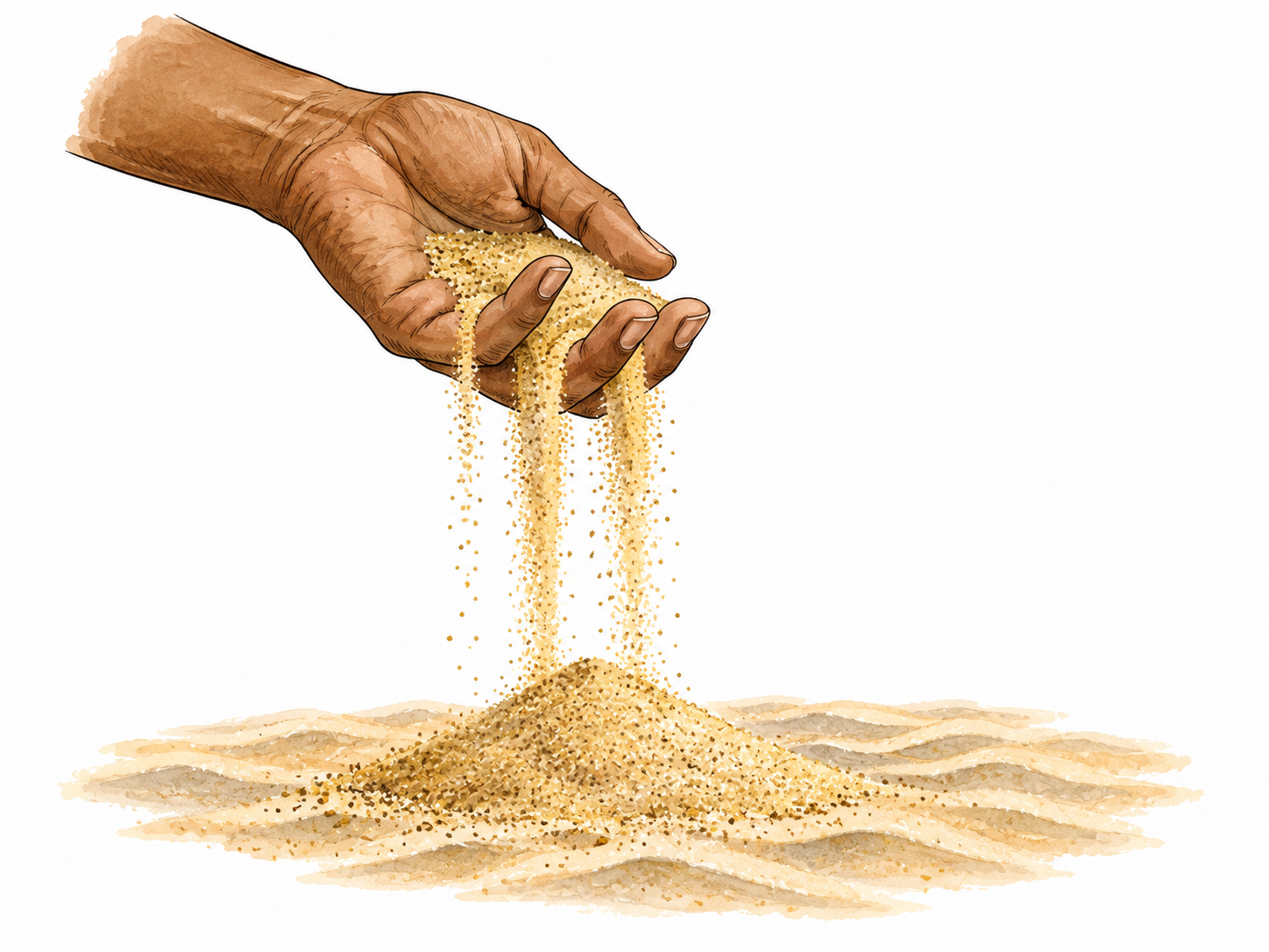 Sand streams through hand into pile.