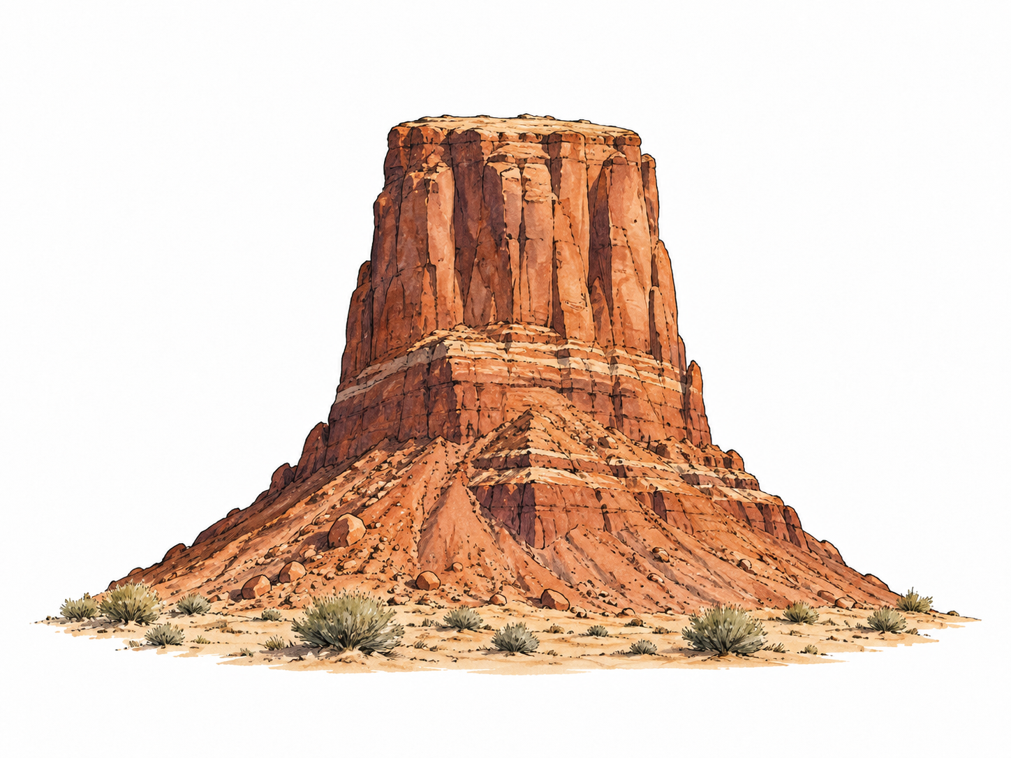 Isolated steep-sided flat-topped sandstone hill.