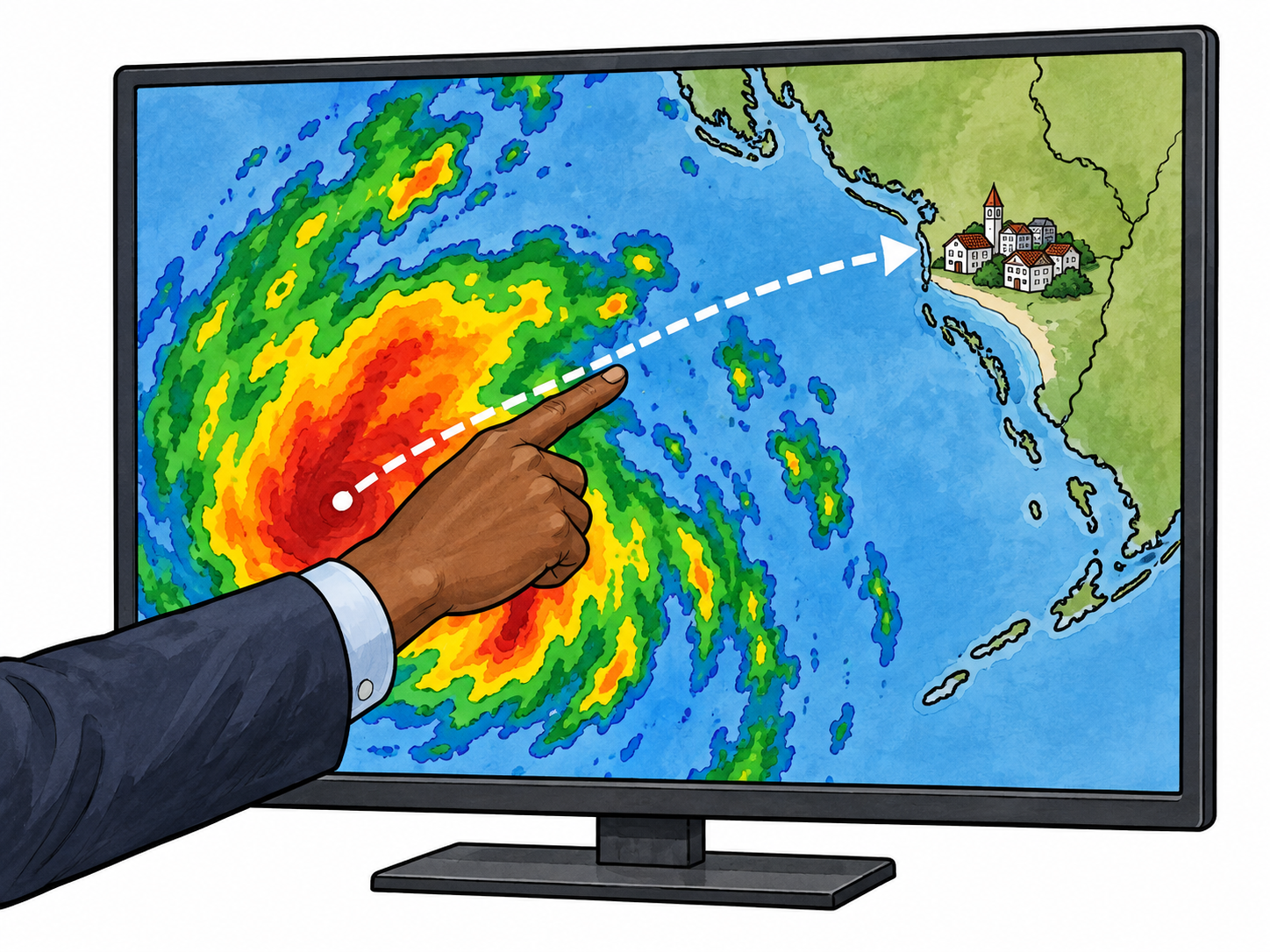 Predictive: weather radar screen with a solid colored storm shape and a dotted future path arrow toward a coastal town icon; meteorologist's brown hand traces projected route.