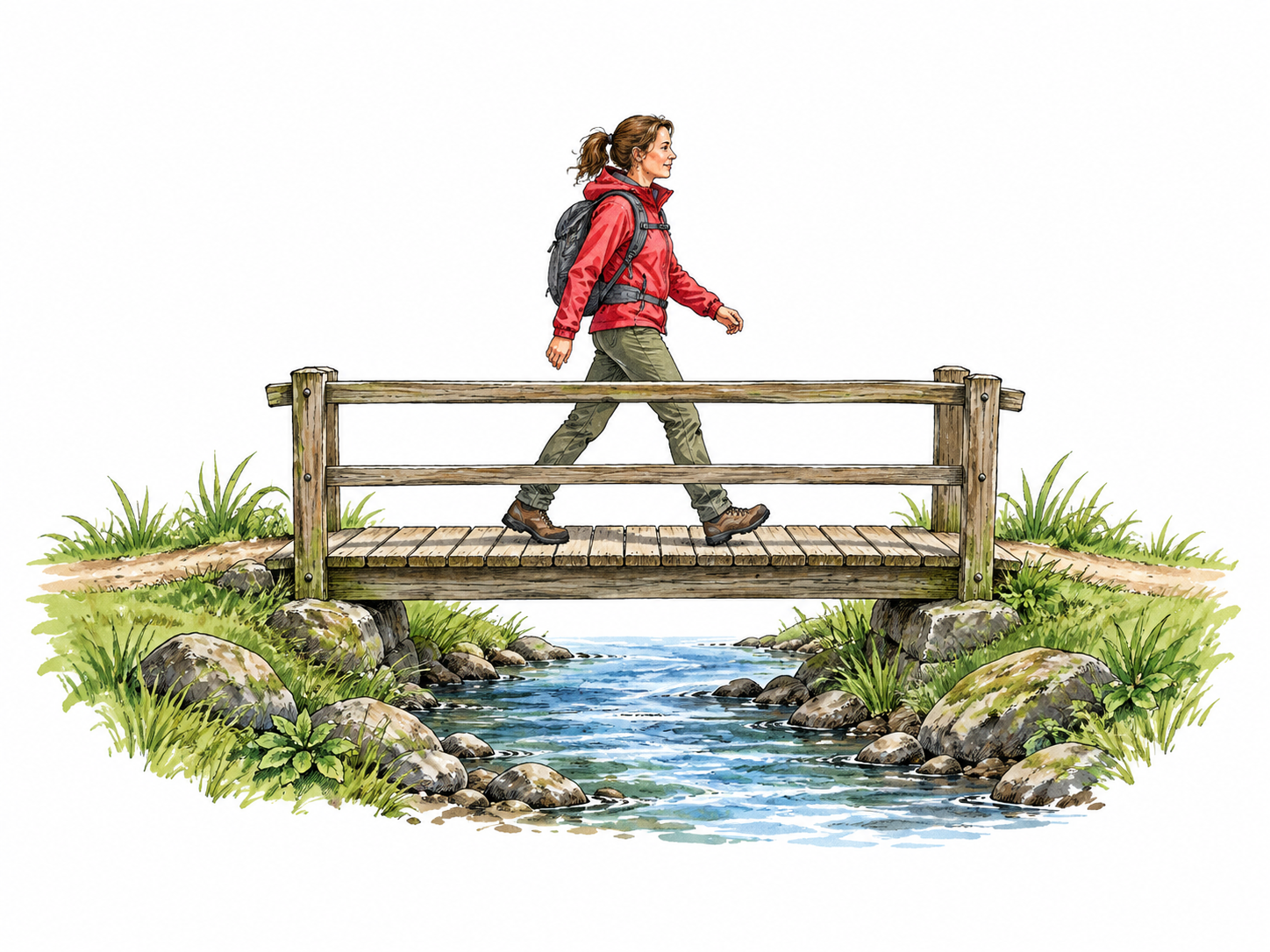 Walker crosses bridge between opposite stream banks.